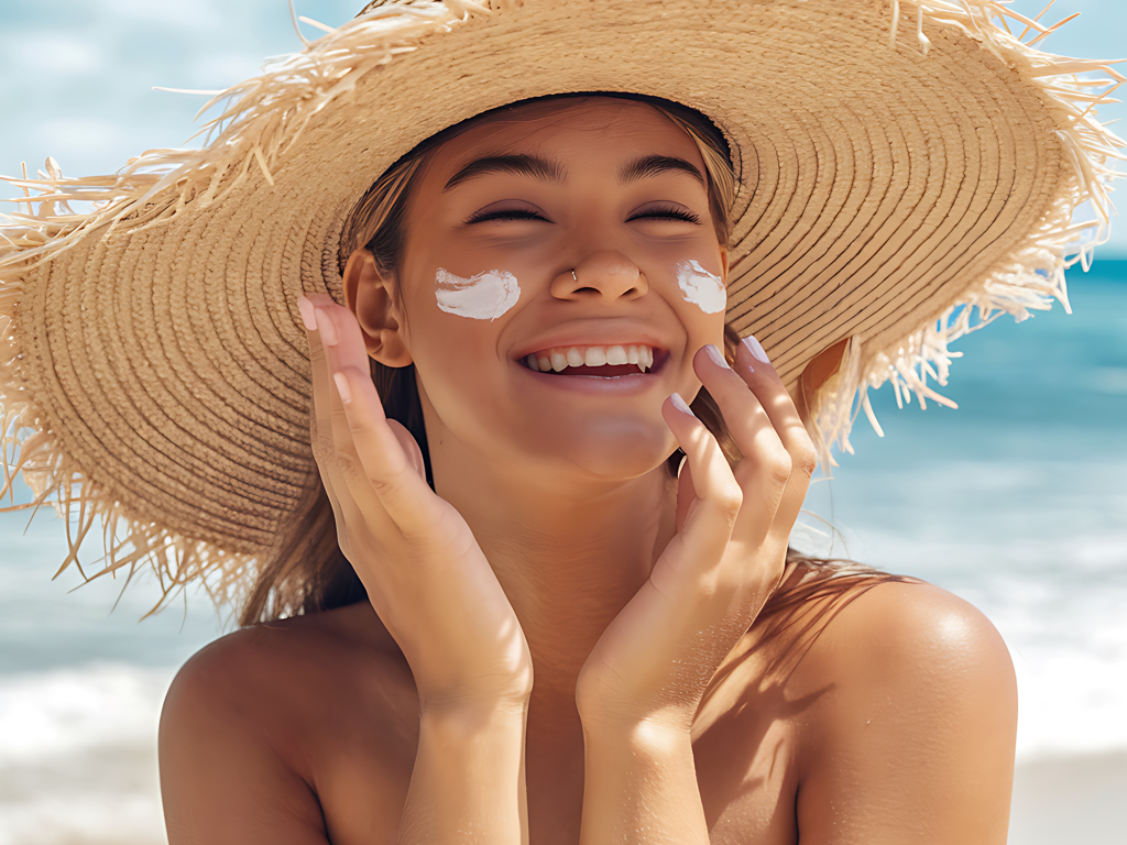 Joven con sombrero en la playa aplicándose protector solar facial Joven con sombrero en la playa aplicándose protector solar facial