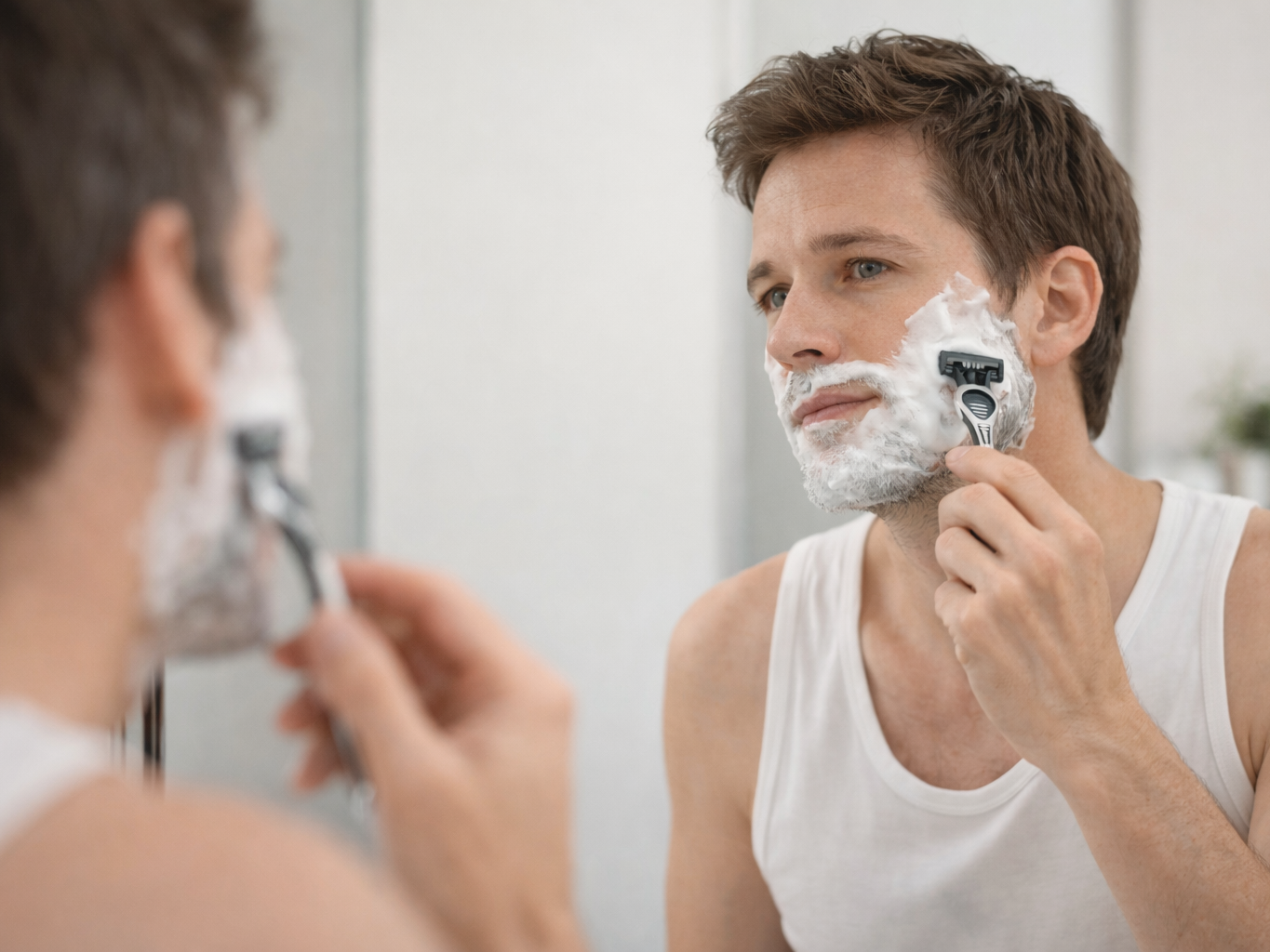 Hombre afeitándose frente al espejo con espuma facial