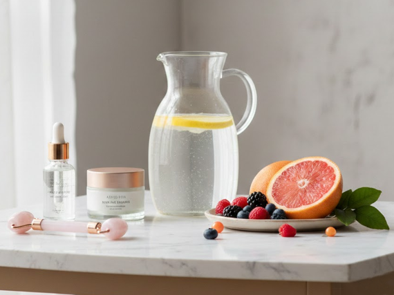 Composición de productos antiedad junto a elementos saludables como agua, frutas y luz natural suave