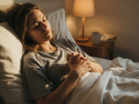 Mujer joven en la cama rascándose el brazo con gesto de cansancio