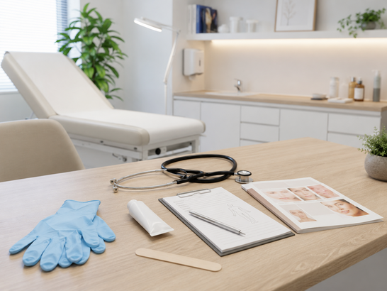 Mesa de consulta dermatológica con material médico básico, crema tópica, folleto informativo y notas de seguimiento