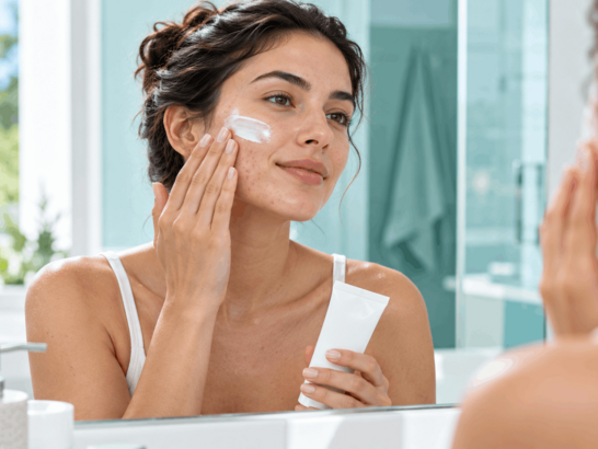Mujer aplicándose protector solar facial frente a un espejo