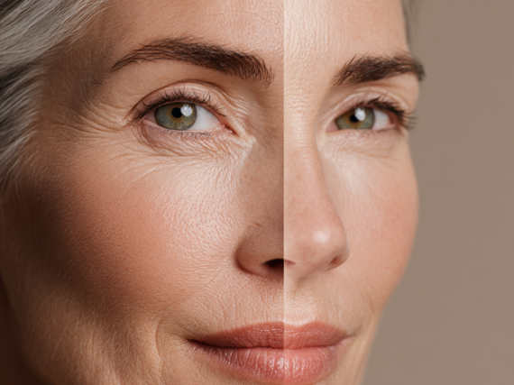 Retrato comparativo de dos mitades de un rostro: una con textura suave y luminosa, otra con arrugas finas y manchas solares