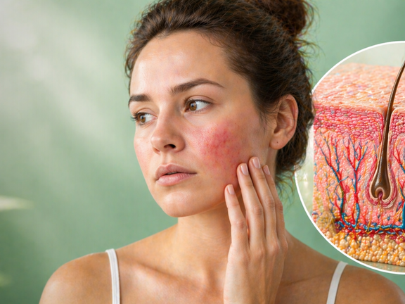 Mujer con enrojecimiento en la piel del rostro junto a ilustración de la estructura cutánea en sección