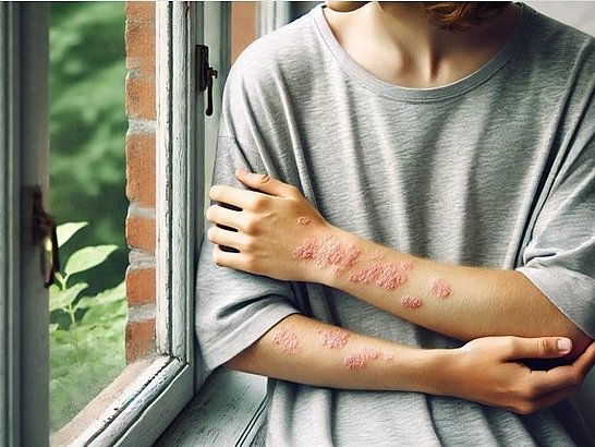 Persona con psoriasis mirando por una ventana, mostrando señales de tristeza, reflejando el impacto psicológico de la enfermedad