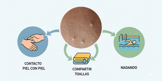 Infografía mostrando vías de transmisión: contacto piel con piel, toallas compartidas, natación. 