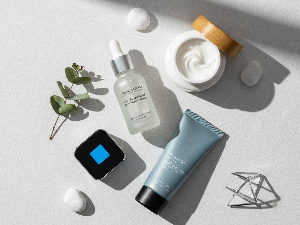 Disposición cenital de productos cosméticos para el cuidado de la piel en la era digital: sérum antioxidante, crema hidratante y protector solar Disposición cenital de productos cosméticos para el cuidado de la piel en la era digital: sérum antioxidante, crema hidratante y protector solar