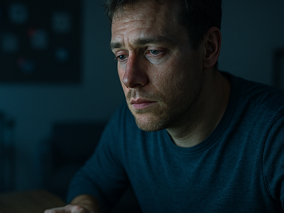 Persona sentada frente a un ordenador en una habitación con poca luz, iluminada por una intensa luz azul emitida por la pantalla. Señales sutiles de fatiga y sequedad en la piel Persona sentada frente a un ordenador en una habitación con poca luz, iluminada por una intensa luz azul emitida por la pantalla. Señales sutiles de fatiga y sequedad en la piel