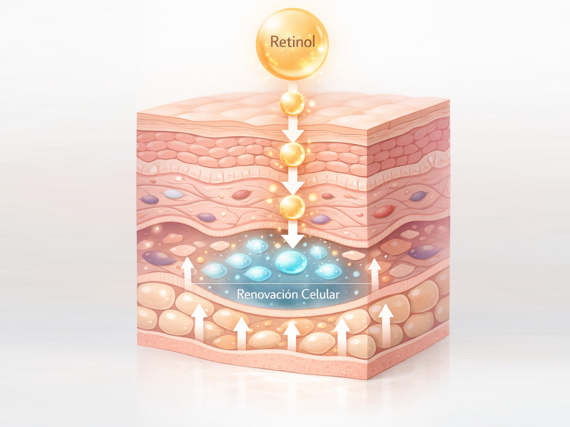 Ilustración conceptual del retinol actuando en la piel, mostrando la penetración progresiva del activo y la renovación celular en capas profundas