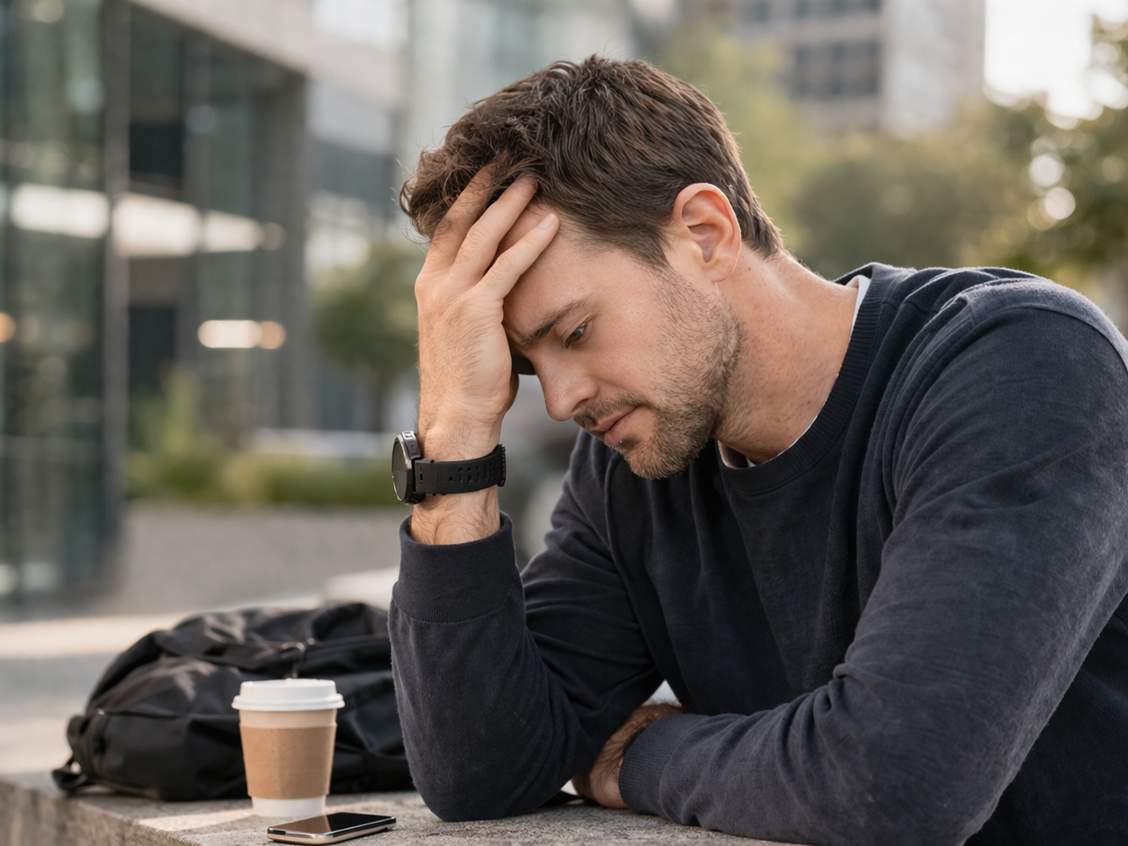 Hombre en entorno urbano con gesto de cansancio o estrés leve, iluminación natural, estilo realista
