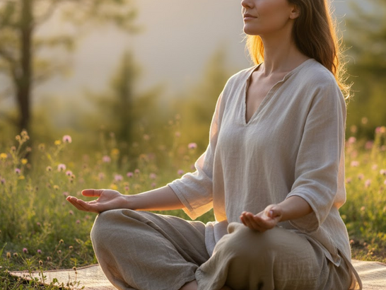 Mujer con los ojos cerrados practicando meditación o respiración profunda