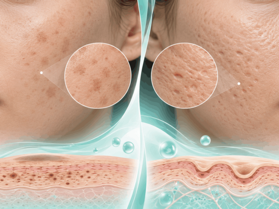 Dos zonas de piel: una superficie lisa con pequeñas variaciones de pigmentación y otra con leves irregularidades de textura que representen cicatrices de acné