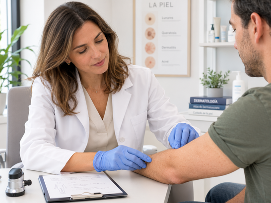 Dermatóloga revisa de forma respetuosa la piel del brazo de un paciente y toma notas