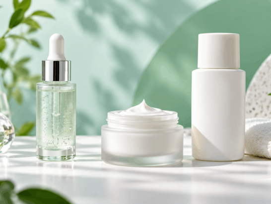 Bodegón sanitario y dermatológico con varios productos faciales neutros sin marca: sérum, crema hidratante y protector solar