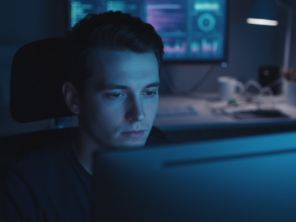 Persona sentada frente a un ordenador en una habitación oscura, la cara iluminada por una fuerte luz azul procedente de la pantalla Persona sentada frente a un ordenador en una habitación oscura, la cara iluminada por una fuerte luz azul procedente de la pantalla