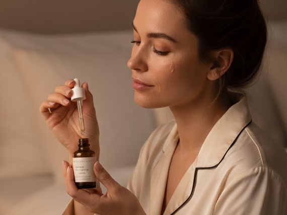 Rutina nocturna con retinol: persona aplicando sérum facial antes de dormir