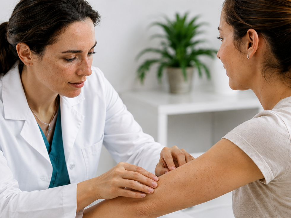 Dermatóloga examinando la piel del brazo de una paciente