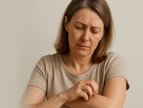 Mujer de mediana edad rascándose suavemente el antebrazo