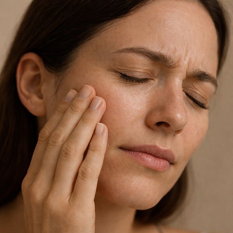 Primer plano de un rostro con piel ligeramente seca y expresión de incomodidad, textura visible pero natural, iluminación suave, fondo neutro, estilo editorial