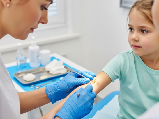 Consulta dermatológica mostrando profesional con guantes retirando una lesión de molusco en el brazo de un niño