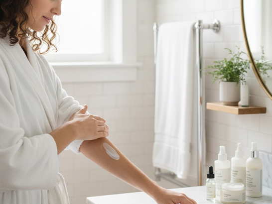 Mujer aplicándose crema hidratante en el brazo